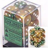 12 Gemini Gold-Green w/ White 16mm D6 Dice - CHX26625