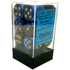 12 Gemini Black-Blue w/ Gold 16mm D6 Dice - CHX26635