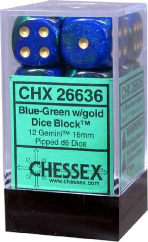 Twelve Blue-Green/Gold Gemini 16mm d6 - CHX26636