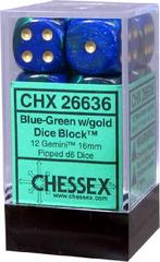 Chessex Dice: 16mm D6 12ct Gemini Blue Green Gold CHX26636