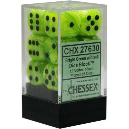 12 Bright Green w/black 16mm D6 Dice Block - CHX27630