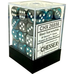 36 Steel-Teal w/white Gemini 12mm D6 Dice