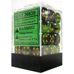 36 Black-Green w/Gold Gemini 12mm D6 Dice Block