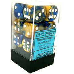 12 Gemini Blue-Gold w/ White 16mm D6 Dice - CHX26622