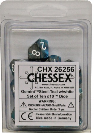 10 Steel-Teal w/white Gemini D10 Dice Set - CHX26256