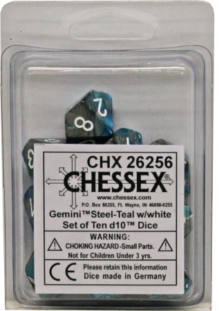 10 Steel-Teal w/white Gemini D10 Dice Set - CHX26256