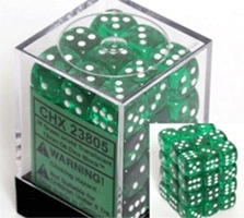 23805 36 Translucent Green w/White D6 Dice Set