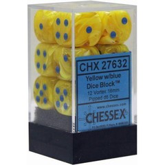 12 16mm Yellow w/Blue Vortex D6 Dice - CHX27632