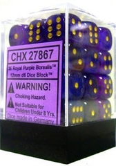 12 16mm Royal Purple w/Gold Borealis D6 Dice Set - CHX27867