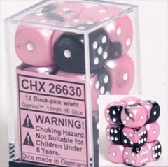 12 Black-Pink w/ White 16mm D6 Dice - CHX26630