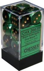 12 Black-Green w/ Gold 16mm D6 Dice - CHX26639