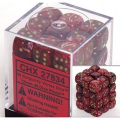 36 Burgundy / Gold Vortex Dice 12mm D6 Dice Block