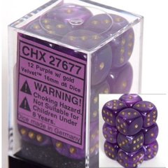 12 Purple w/gold Velvet 16mm D6 Dice Block - CHX27677