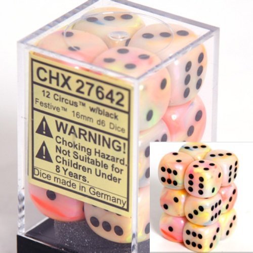 12 Circus w/black Festive 16mm D6 Dice Block - CHX27642