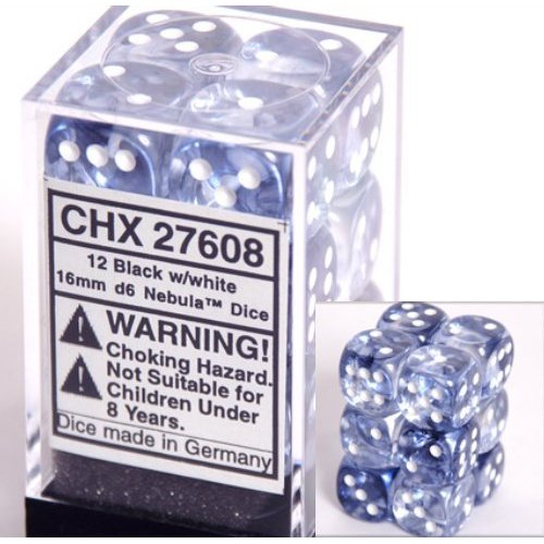 12 Black w/white 16mm D6 Nebula Dice Block - CHX27608