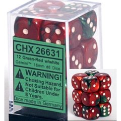 12 Green-Red w/white Gemini 16mm D6 Dice Block - CHX26631