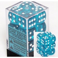 23615 12 Teal w/white Translucent 16mm D6 Dice Block