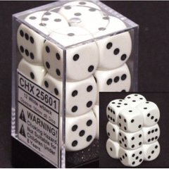 12 White w/black Opaque 16mm D6 Dice Block - CHX25601