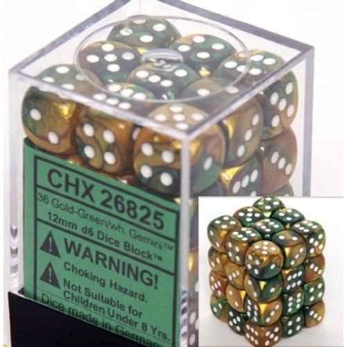 36 Gold-Green w/white Gemini 12mm D6 Dice Block - CHX26825