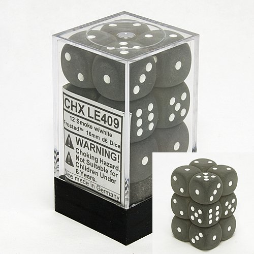 12 Smoke w/white Frosted 16mm D6 Dice Block - CHXLE409