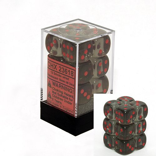 12 Smoke w/red Translucent 16mm D6 Dice Block - CHX23618