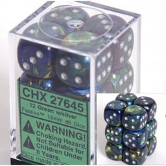 12 Green w/silver Festive 16mm D6 Dice Block - CHX27645