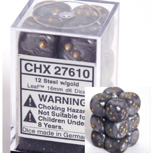 12 Steel w/gold Leaf 16mm D6 Dice Block - CHX27610