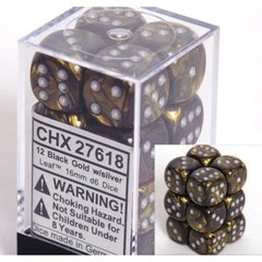 12 Black Gold w/silver Leaf 16mm D6 Dice Block - CHX27618