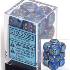 12 Blue w/gold Lustrous 16mm D6 Dice Block - CHX27696