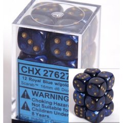 12 Royal Blue w/gold Scarab 16mm D6 Dice Block - CHX27627