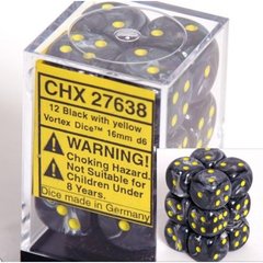 12 Black w/yellow Vortex 16mm D6 Dice Block - CHX27638