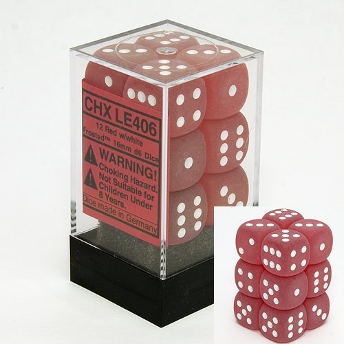 12 Red w/white Frosted 16mm D6 Dice Block - CHXLE406