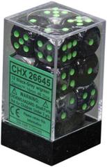 12 Gemini Black-Grey w/ Green 16mm D6 Dice - CHX26645