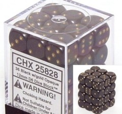 25828 36 12mm Black w/Gold Opaque D6 Dice