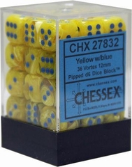 36 12mm Yellow w/Blue Vortex D6 Dice - CHX27832