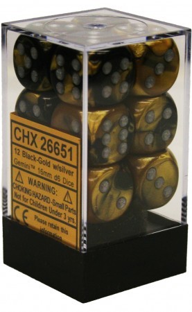 12 16mm Black-Gold w/Silver Gemini D6 Dice - CHX26651