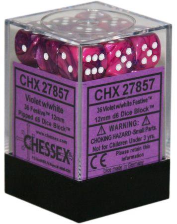 36 12mm Violet w/White Festive D6 Dice - CHX27857