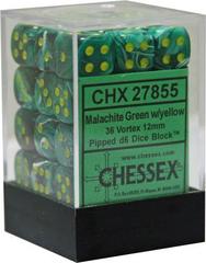 36 12mm Malachite Green w/Yellow Vortex D6 Dice - CHX27855