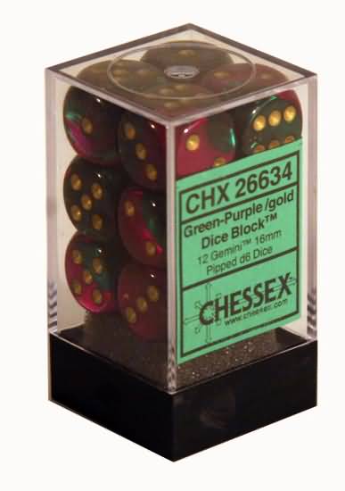 12 16mm Green-Purple w/Gold Gemini D6 Dice - CHX26634