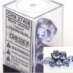 Polyhedral 7-Die Nebula Chessex Dice Set - Black with White Numbers