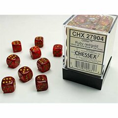 Chessex Glitter 12mm D6 Dice Blcok (36 Dice) -Ruby Red with Gold Numbers #27904