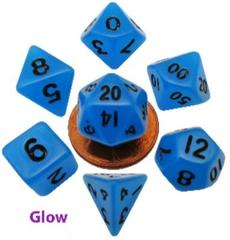 Mini Polyhedral Dice Set: Glow Blue with Black Numbers