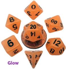 Mini Polyhedral Dice Set: Glow Orange with Black Numbers