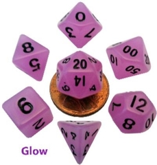 Mini Polyhedral Dice Set: Glow Purple with Black Numbers