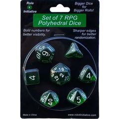 Set Of 7 Polyhedral Dice: Translucent Dark Green With White Numbers