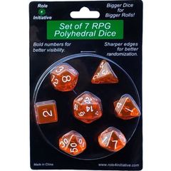 Set Of 7 Polyhedral Dice: Translucent Orange With White Numbers