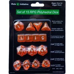 Set Of 15 Polyhedral Dice: Translucent Orange With White Numbers