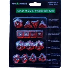 Set Of 15 Polyhedral Dice: Translucent Red With White Numbers