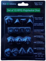 Set Of 15 Dice: Opaque Black W/ Lt Blue