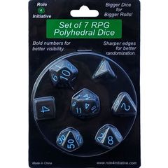 Set Of 7 Polyhedral Dice: Translucent Black (Smoke) With Light Blue Numbers